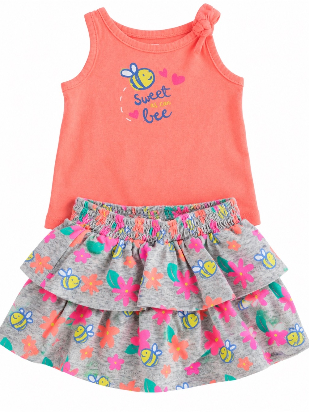 jumping beans Coral Tank with Gray Floral Bee Ruffle Skirt Set
